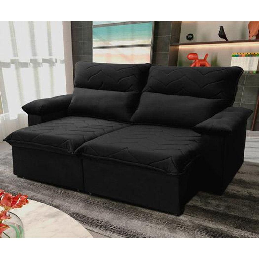 Sofá Retrátil/Reclinável Paris 1,80m Suede Velut Preto c/ Molas no Assento - King House
