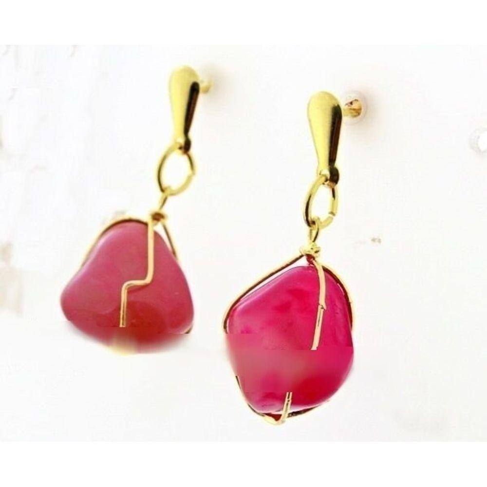 Brinco Cesta Amarrada Pedra Agata Rosa Pino Tarracha Dourado