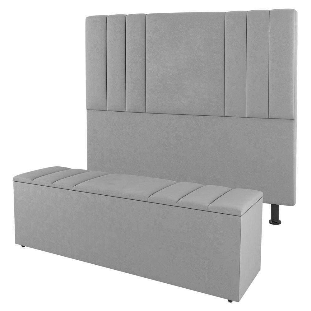 Cabeceira E Baú Cama Box Casal Grace 140cm Suede Cinza Claro