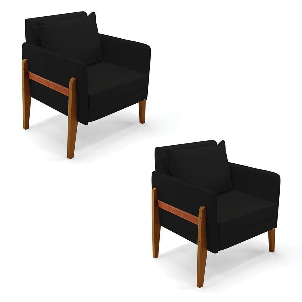 Kit 02 Poltronas Lana Linho Base De Madeira A79 Preto