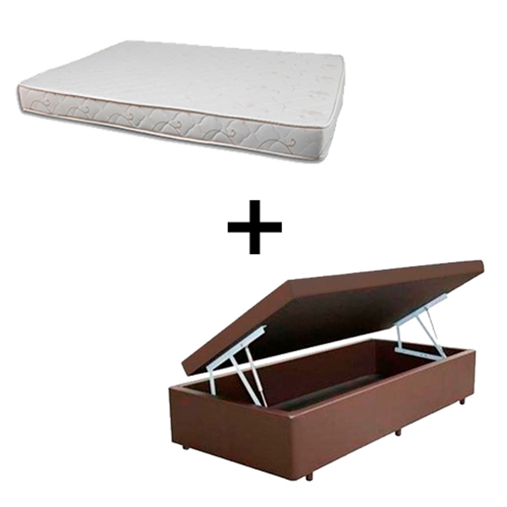 Cama Box Baú Solteiro 88 Tecido Sintético Marrom Com Colchão Solteiro Roma Espuma D45 Bege 55x88x188