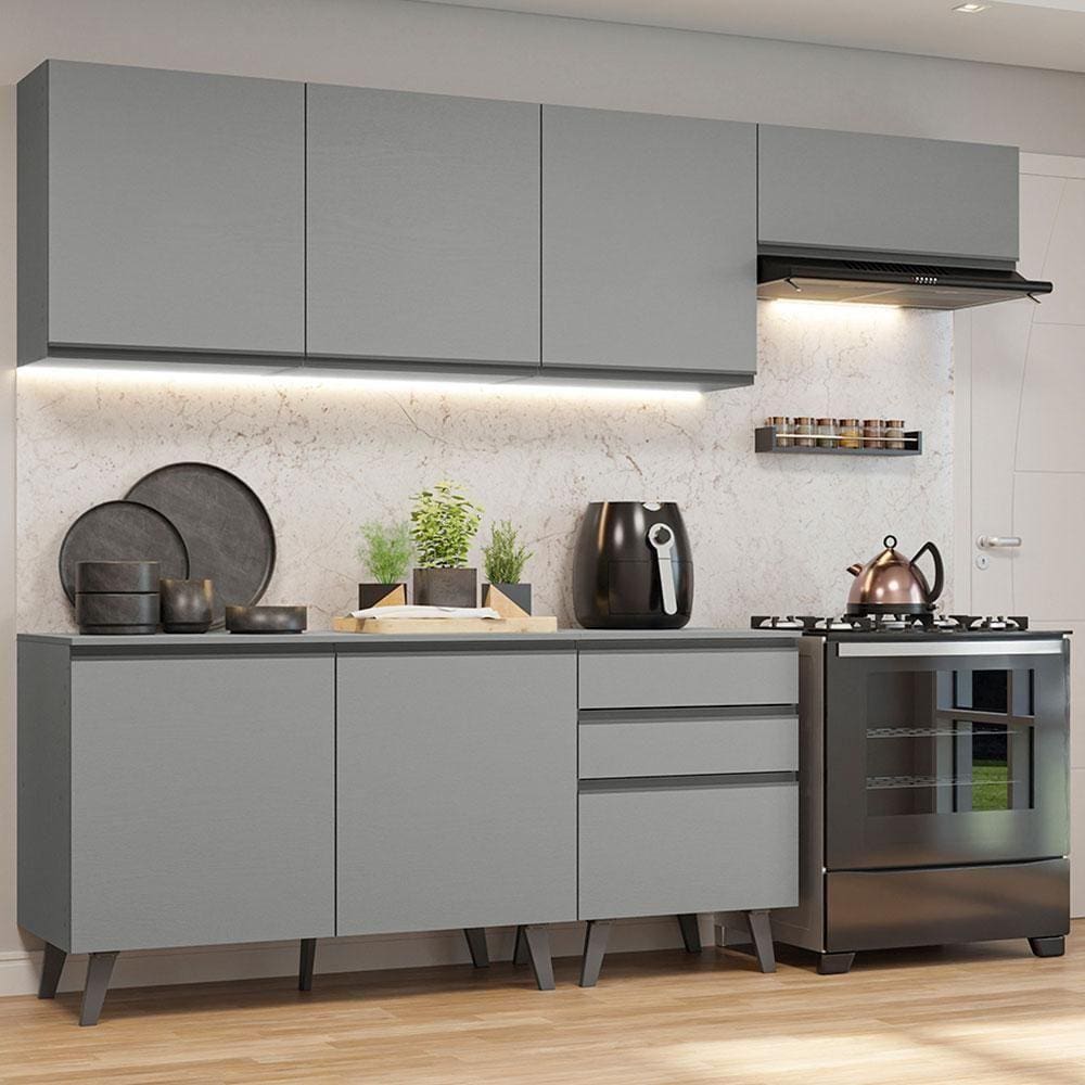Armário De Cozinha Completa 260Cm Cinza Nice Madesa 12 Cinza