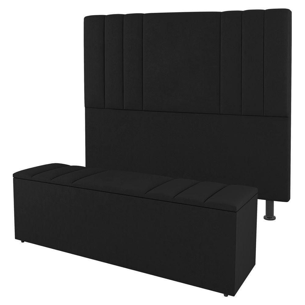 Cabeceira E Baú Cama Box Casal Grace 140cm Sintético Preto