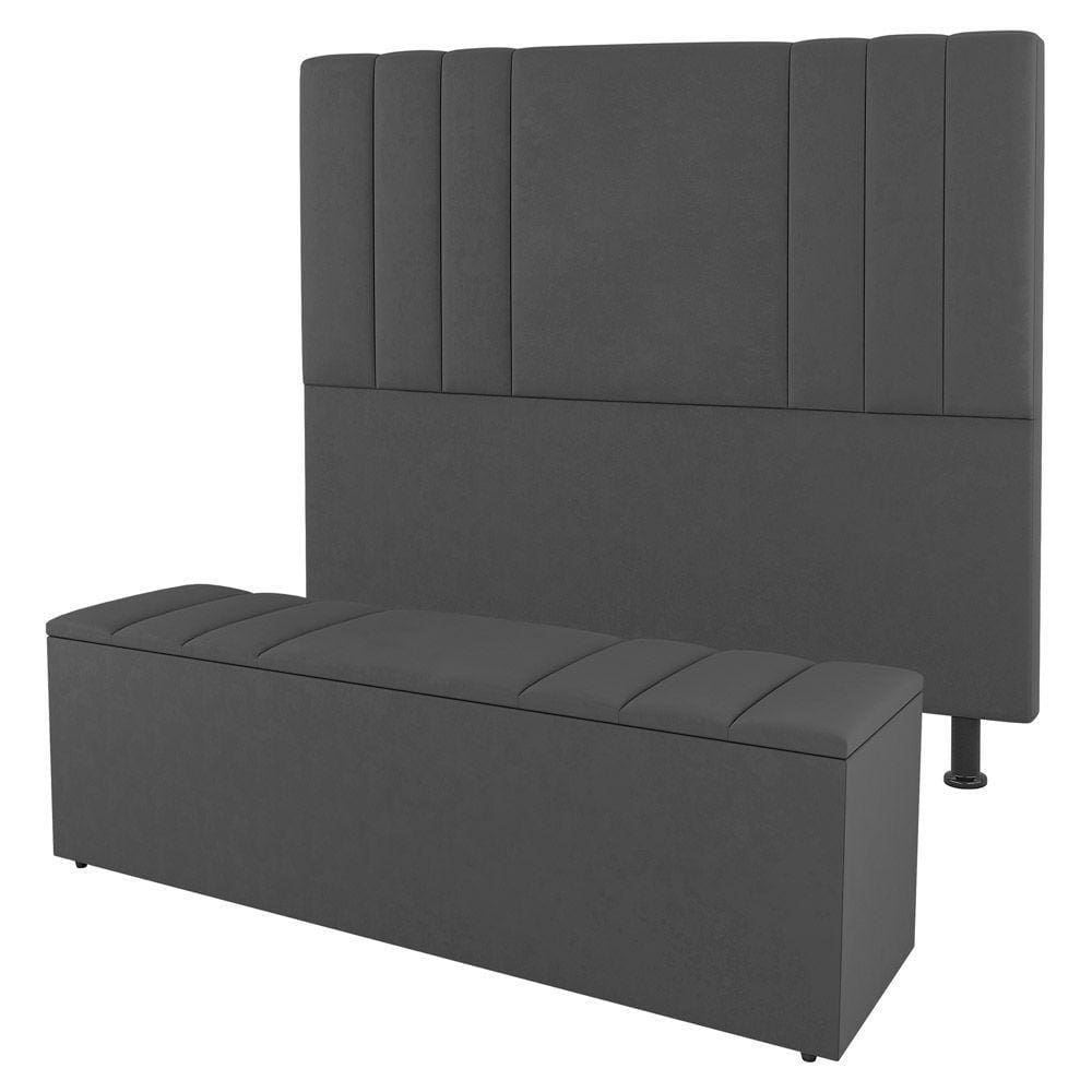 Cabeceira E Baú Cama Box King Grace 195cm Suede Cinza Escuro