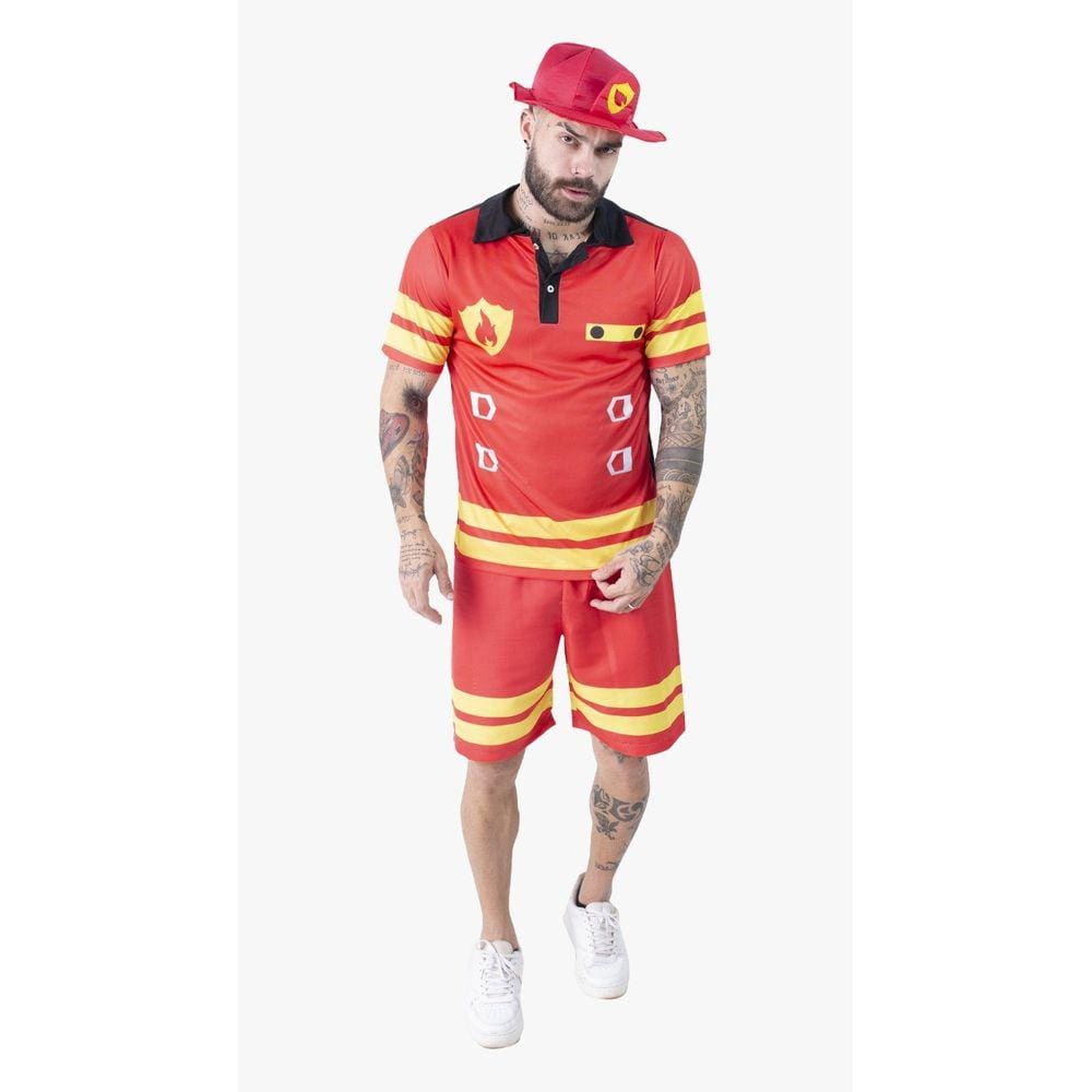 Fantasia Bombeiro Adulto Masculina Roupa Carnaval com Chapéu
