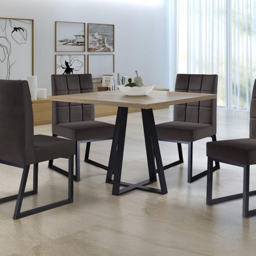 Conjunto Mesa de Jantar com 4 Cadeiras Estofadas Pés Metálicos Gênova Yescasa Marrom/Preto/Siena