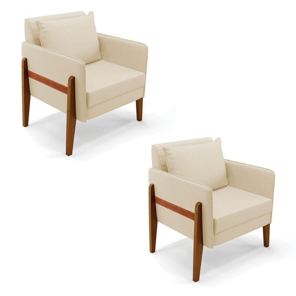Kit 02 Poltronas Lana Linho Base De Madeira A19 Bege