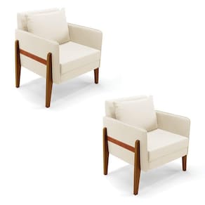 Kit 02 Poltronas Lana Veludo Base De Madeira Bege