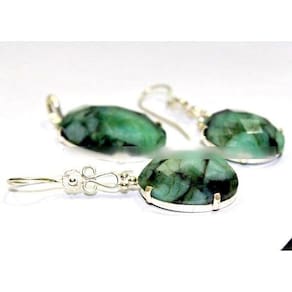 Conjunto Brinco e Pingente Pedra Esmeralda Natural Prata 950