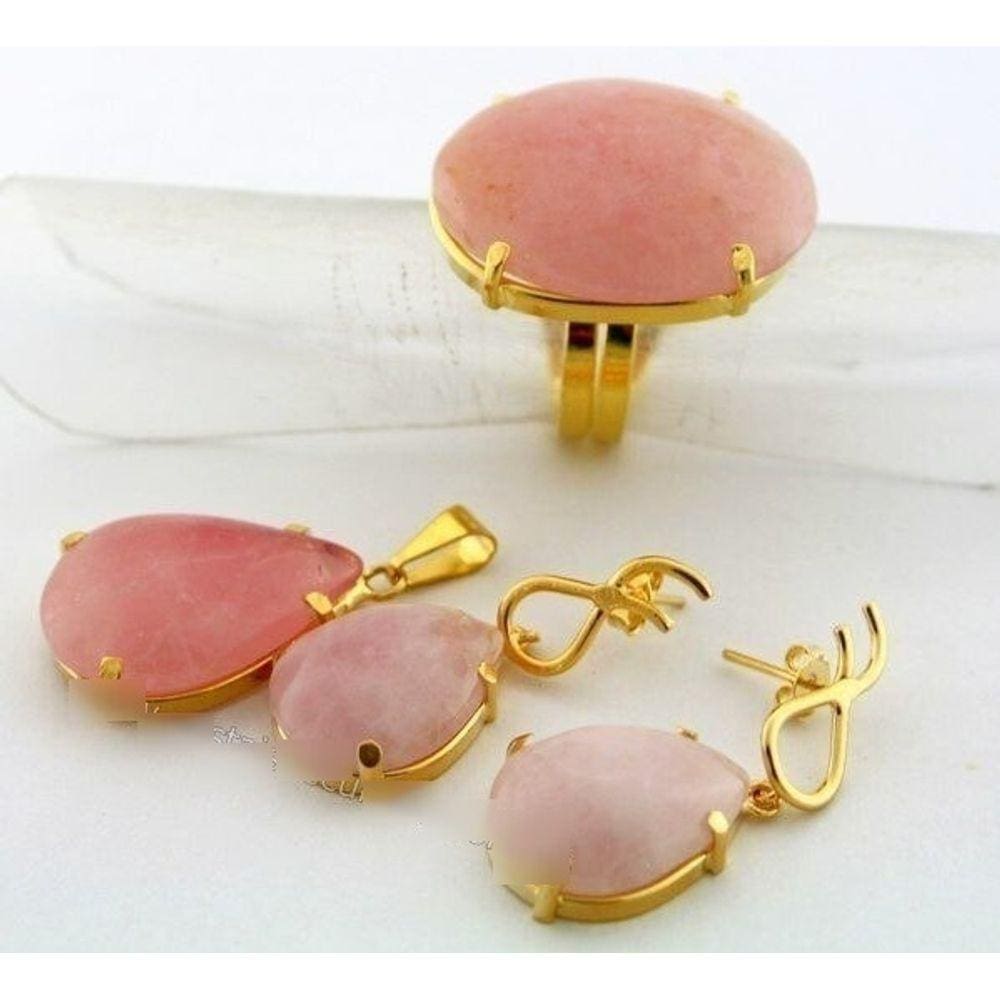 Conjunto Anel Brinco e Pingente Quartzo Rosa Natural Dourado