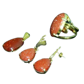 Conjunto Anel Brinco e Pingente Pedra do Sol Especial Dourad