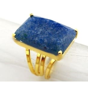 Anel Pedra Quartzo Azul Facetado Banho Dourado Aro Ajustavel