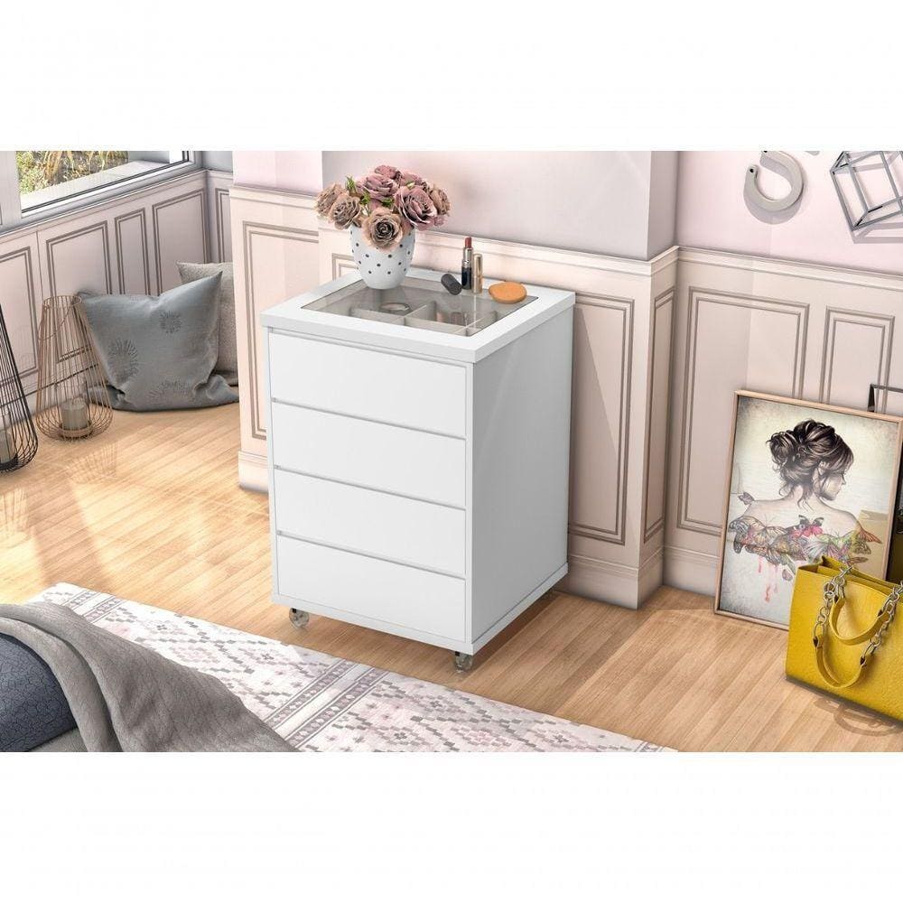 Mesa Cabeceira Decor C/ Vidro 4 Gaveta Decoração Branco
