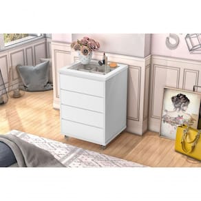 Mesa Cabeceira Decor C/ Vidro 4 Gaveta Decoração Branco
