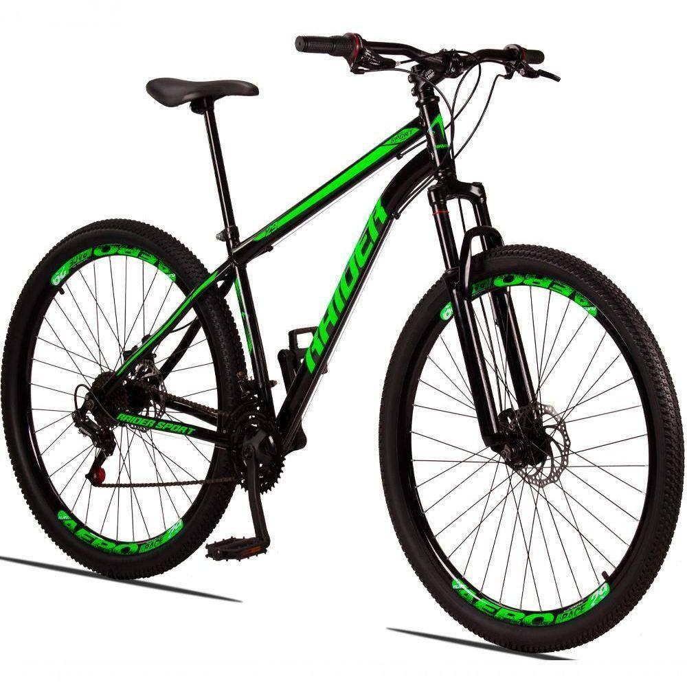 Bicicleta 29 Raider Sport Aço 21M Freio a Disco c/ Suspensão Preto+verde