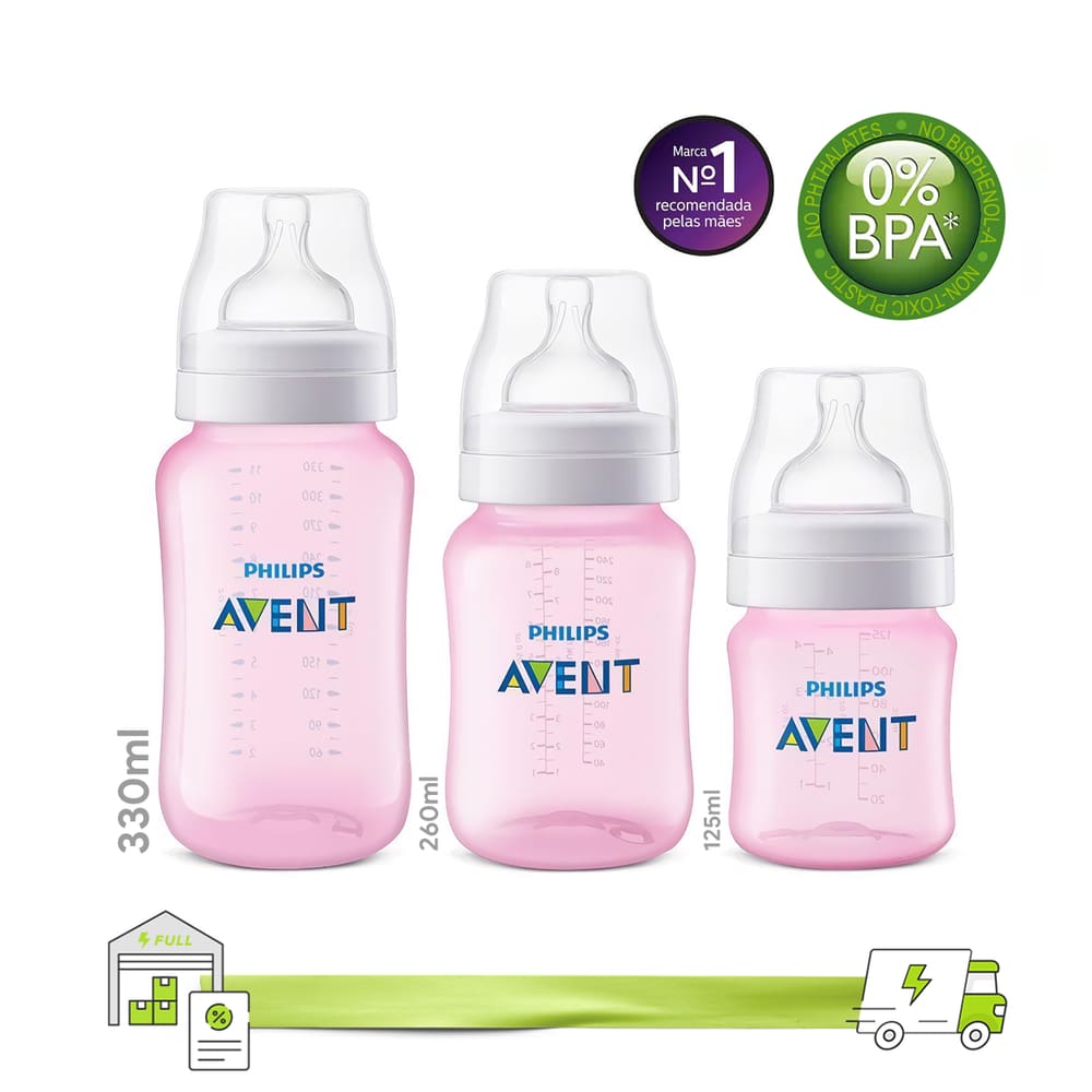 Kit Mamadeira Clássica Rosa - 125ml + 260ml + 330ml -Philips Avent SCD809/42
