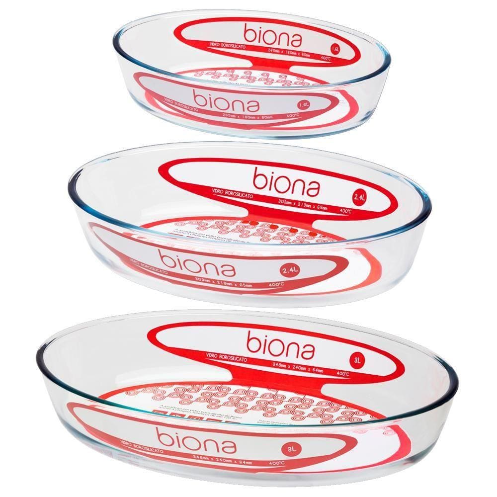 Cj 3 Assadeiras de Vidro Oval 26x18cm/30x21cm/35x24cm Biona
