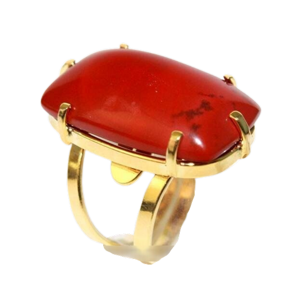 Anel Jaspe Africano Retangulo Cabochão Dourado Aro Ajustavel