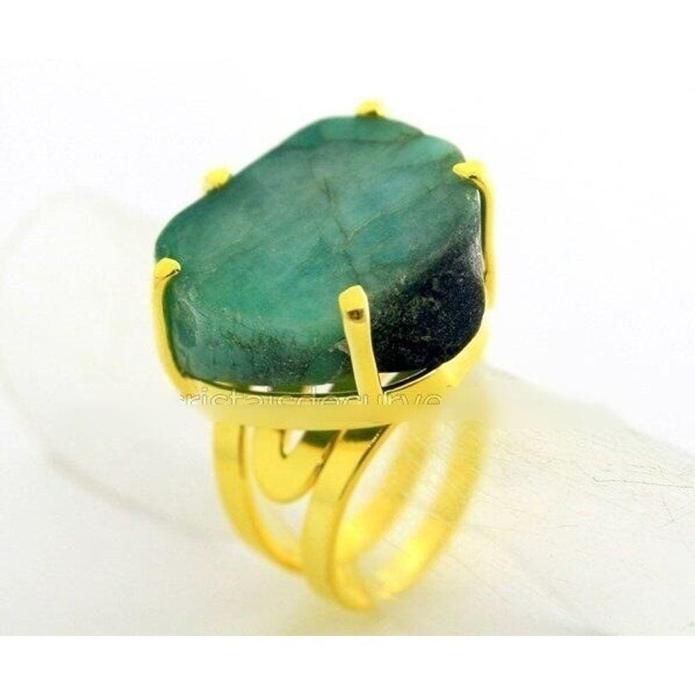 Anel Esmeralda Bruto Polido Aro Ajustavel Dourado