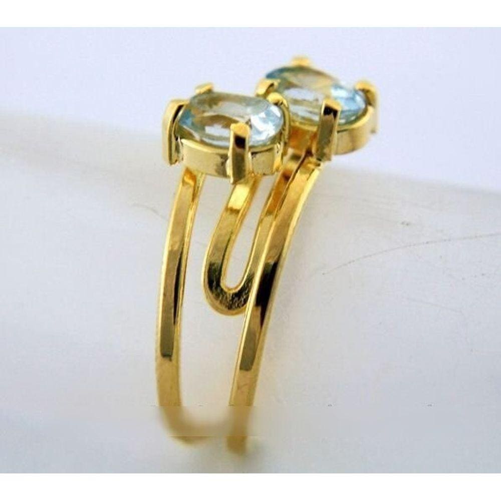 Anel 2 Pedras Topazio Azul Gemas Facetado Aro Dourado