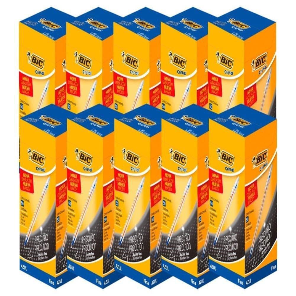 Caneta Bic Cristal Fina Azul - 10 Embalagens com 50 Unidades