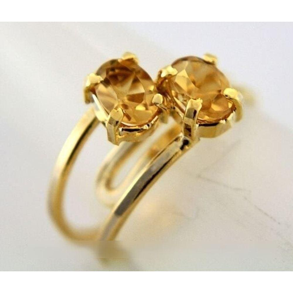 Anel 2 Pedras Citrino Gemas Facetado Aro Dourado Ajustavel
