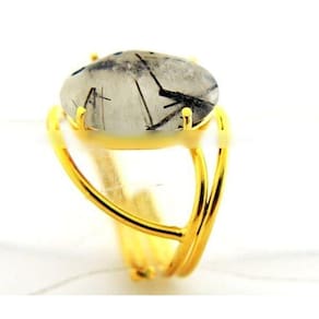 Anel Cristal com Turmalina Cabochão Oval Pequeno Dourado