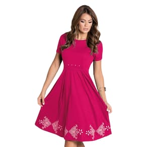 Vestido Rosa com Pérolas Moda Evangélica.