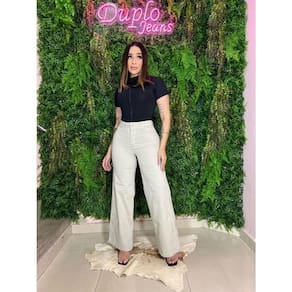 Calça Jeans Pantalona Com Elastano Off White Cintura Alta Wide Leg