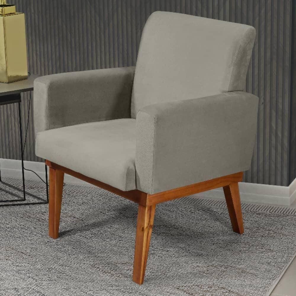 Poltrona Madeira Maciça Veludo Luxe Olm Berlim - Bege