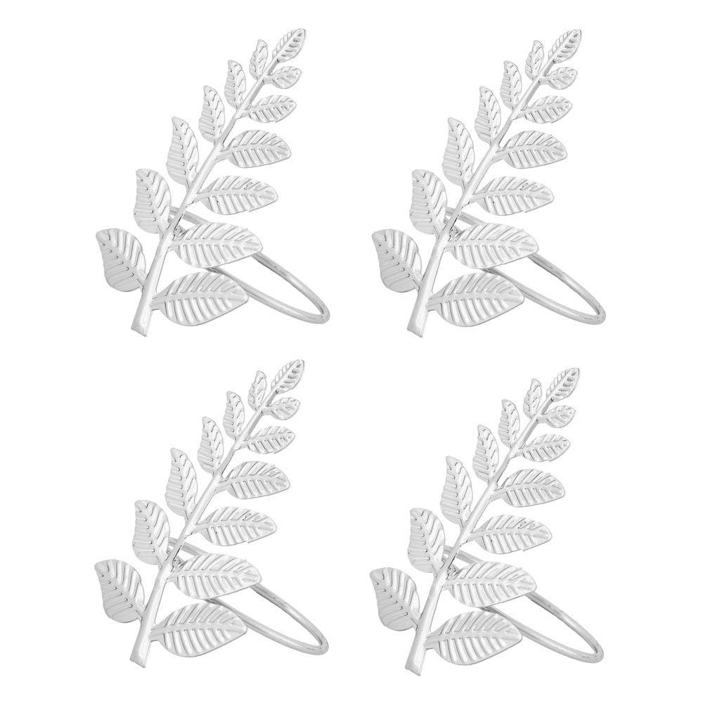 Cj 4 Argolas de Metal Folhagem Prata P/Guardanapos de Tecido Royal Decor