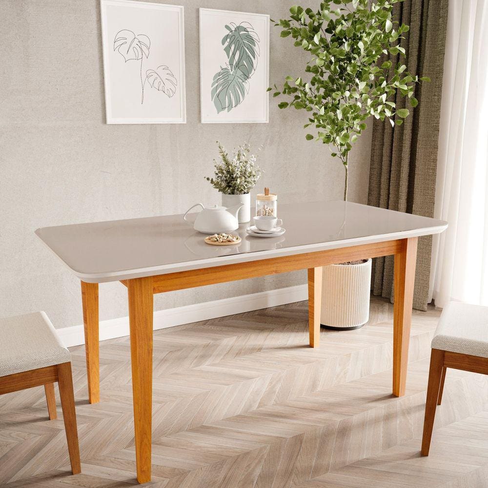Mesa de Jantar 6 Lugares 1,60m Tampo MDF e Vidro Pés Madeira Maciça Tangará CabeCasa MadeiraMadeira Caramarromo/Off White