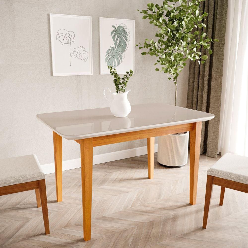 Mesa de Jantar 4 Lugares 1,30m Tampo MDF e Vidro Pés Madeira Maciça Tangará CabeCasa MadeiraMadeira Caramarromo/Off White
