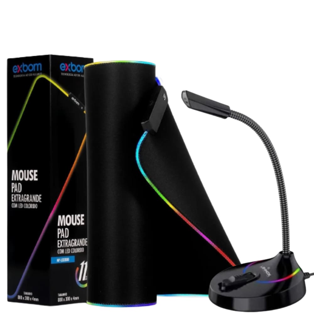 Kit Gamer Mouse Pad RGB 7 cores Extragrande 800x300 + Microfone Gamer RGB