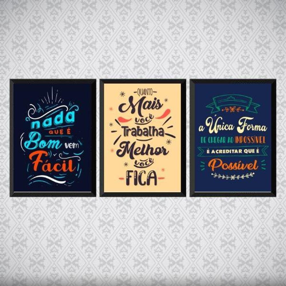 Kit 3 Quadros Frases Motivacionais De Trabalho 24X18Cm Preta