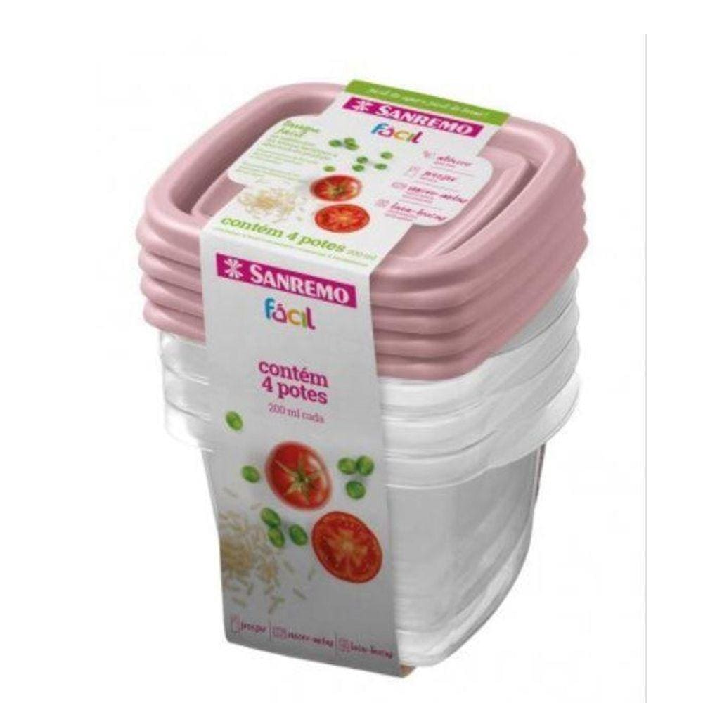 Kit 4 Potes Alimentos Quadrado 200 Ml Transparente Sanremo