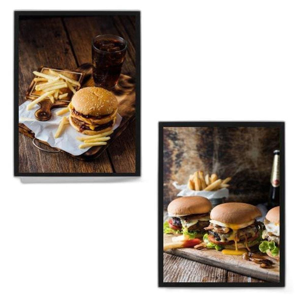 Kit 2 Quadros Fotografias Hambúrguer 45X34Cm Vidro Branca