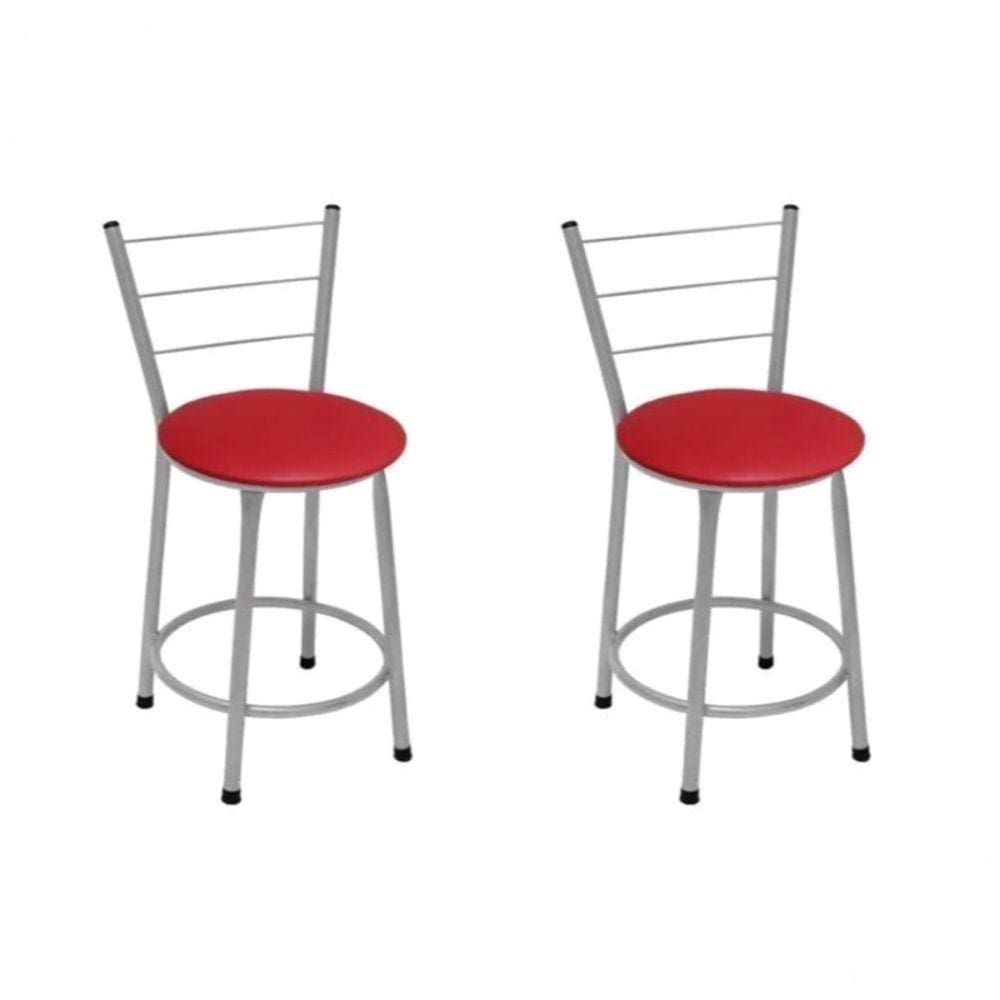 Kit 2 Banquetas Baixas Prata com Encosto Assento Vermelho