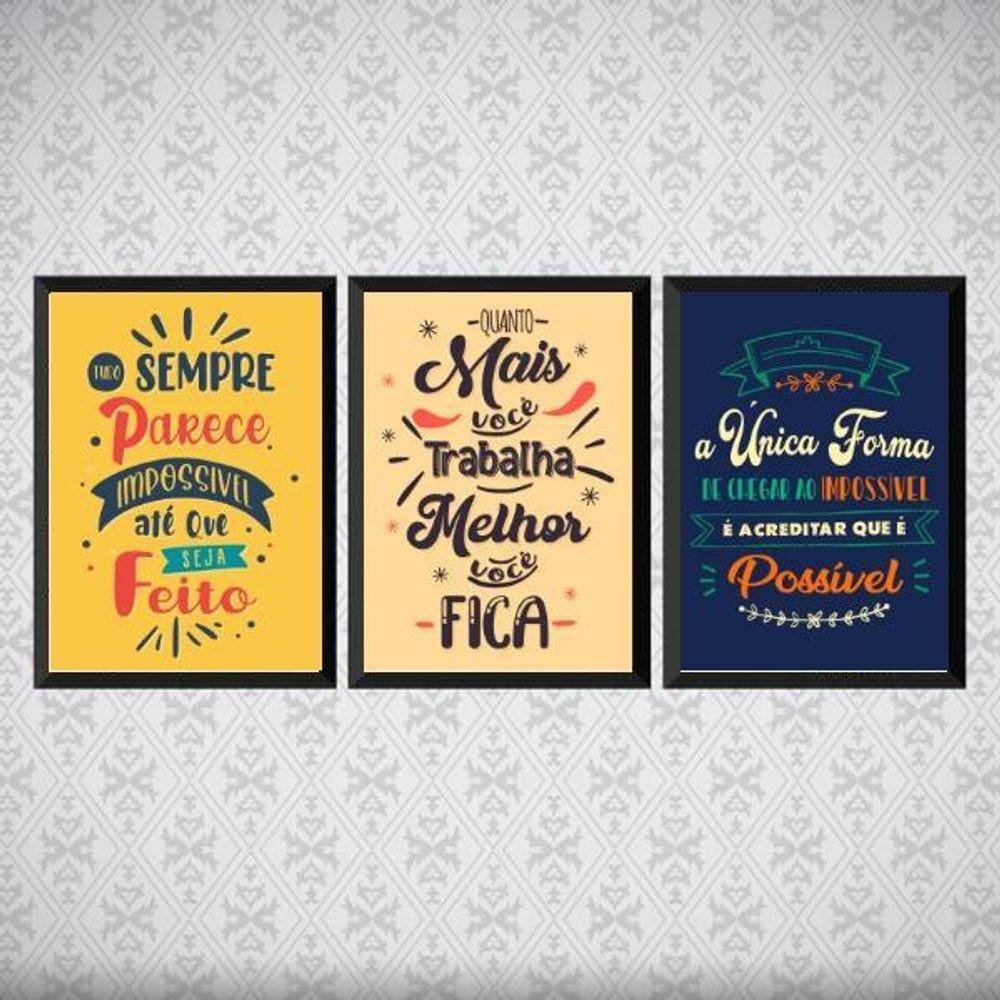 Kit 3 Quadros Frases Motivacionais Trabalho 24X18Cm Preta