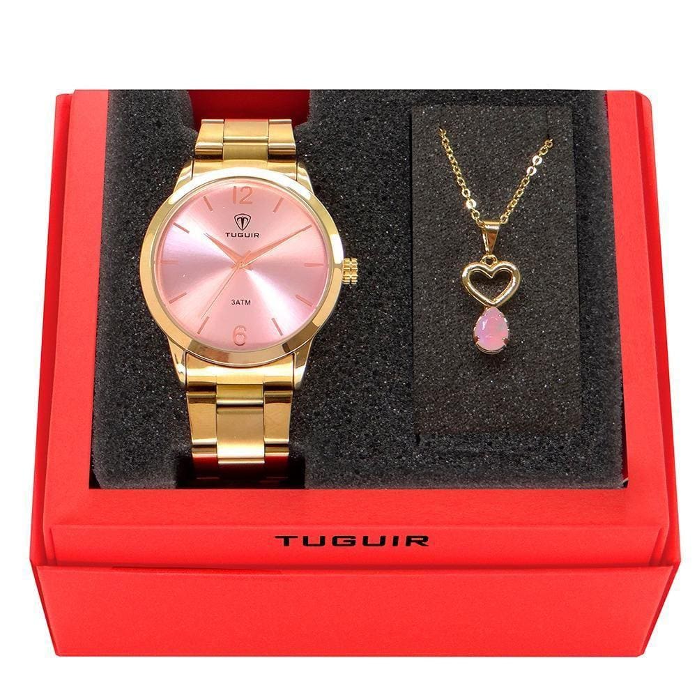 Kit Relógio Feminino Tuguir Analógico Tg112 - Dourado Com