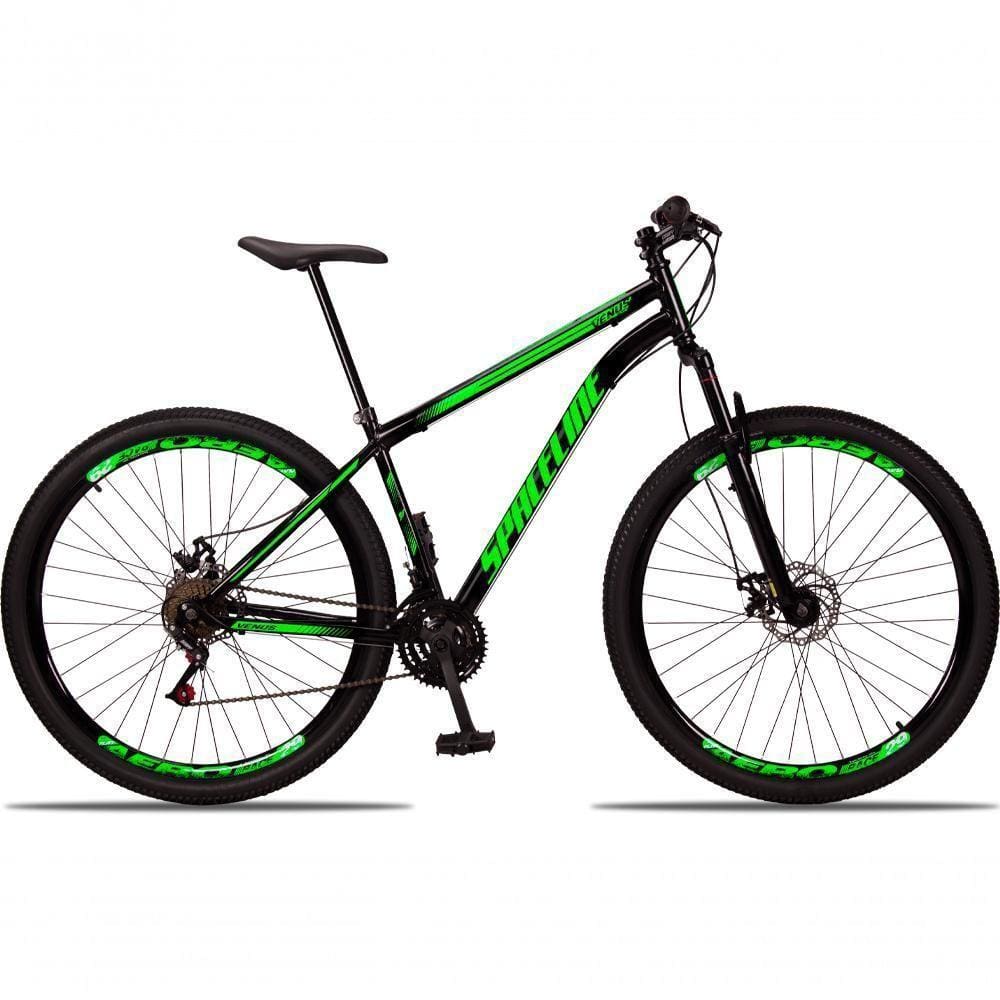 Bicicleta 29 Spaceline Vênus Aço 21M Freio a Disco c/ Suspensão Preto+verde