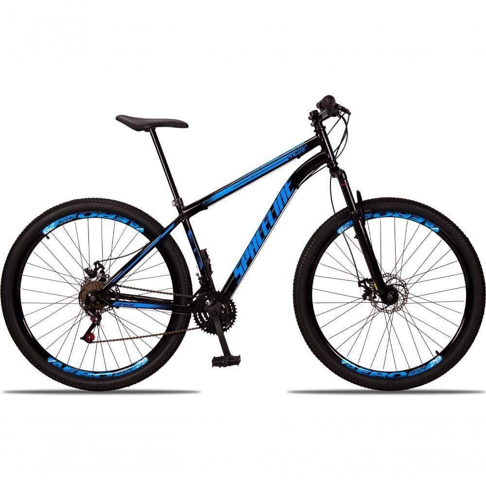Bicicleta 29 Spaceline Vênus Aço 21M Freio a Disco c/ Suspensão Preto+azul