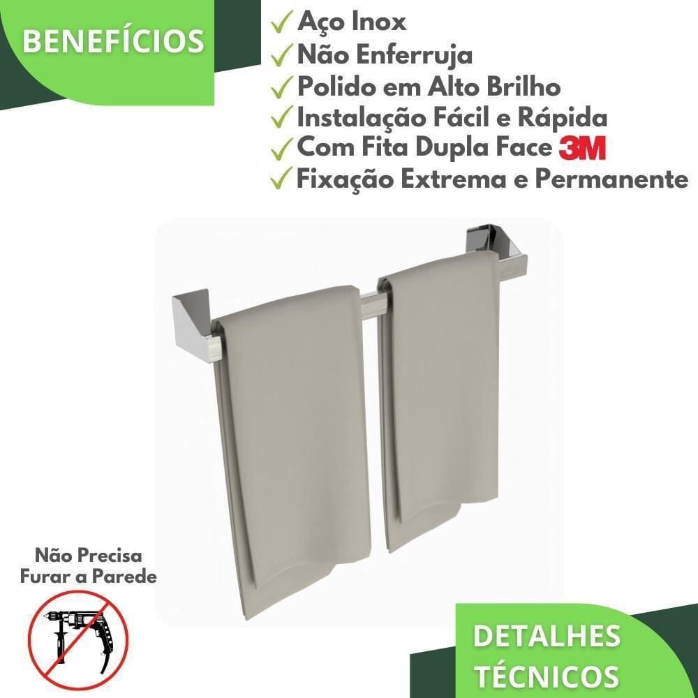 Porta Toalha De Banho Adesivo 3M Inox Banheiro De Parede Df