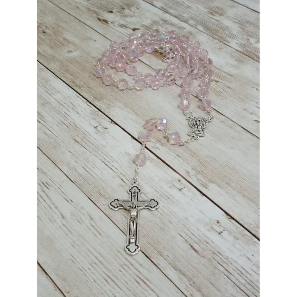 Terço de cristal lapidado de 8 mm rosa