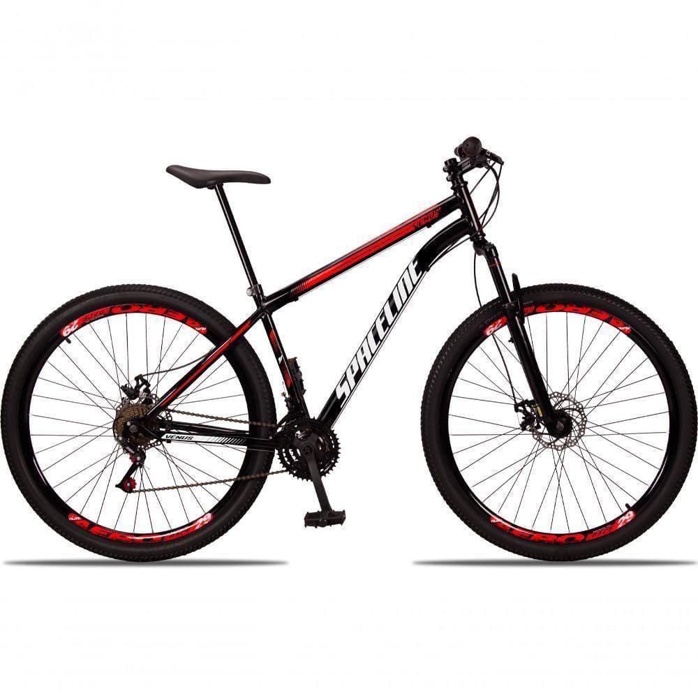 Bicicleta 29 Spaceline Vênus Aço 21M Freio a Disco c/ Suspensão Preto+vermelho