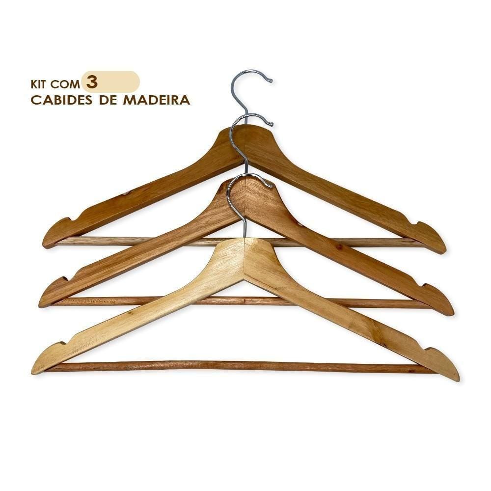 Kit 3 Unidades Cabide De Madeira Marfim Com Verniz