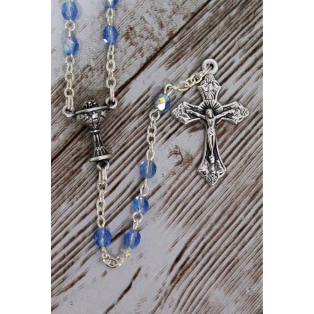 Terço de cristal azul de 4 mm da Eucaristia