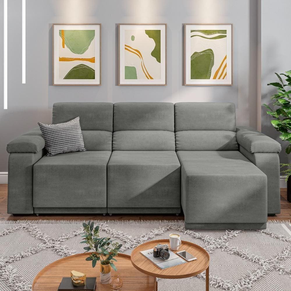 Sofá Retrátil Desmontável Suede 2,10M 3 Lugares Cinza