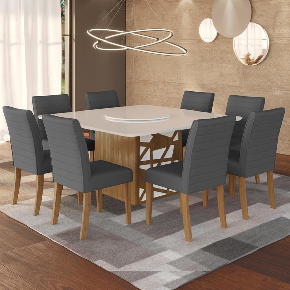 Conjunto De Jantar Perséfone C/ Mesa De Jantar 220cmx110cm C/ Tampo Laca e  Vidro Off White / Imbuia + 8 Cadeiras Estofadas Facto Bege / Imbuia -  attraktiva