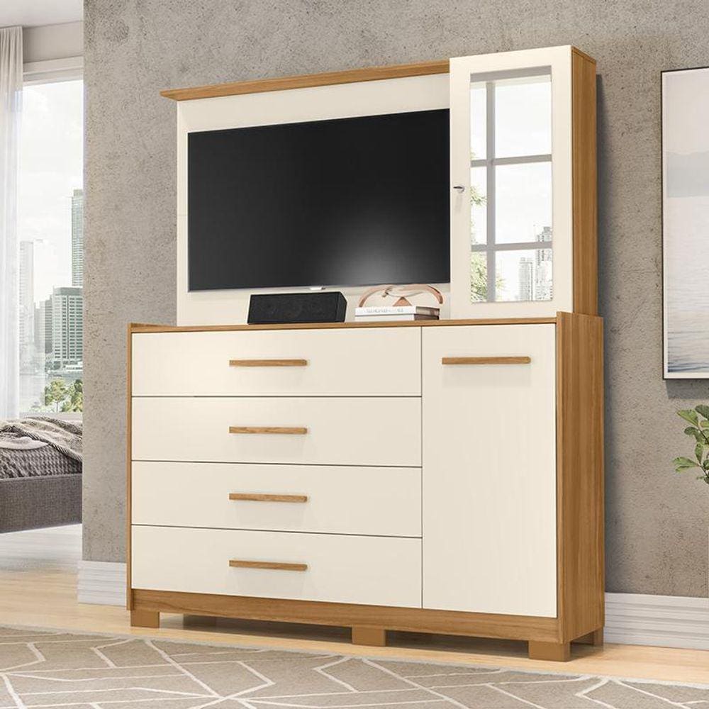 Cômoda Quarto Com Painel Para TV Ilhabela 4 Gavetas 2 Portas